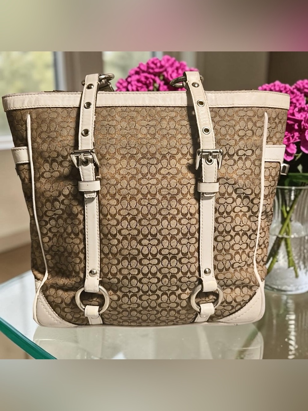 Coach 2007 Khaki and Chalk Signature Canvas Tote with Leather Trim - Picture 5 of 14